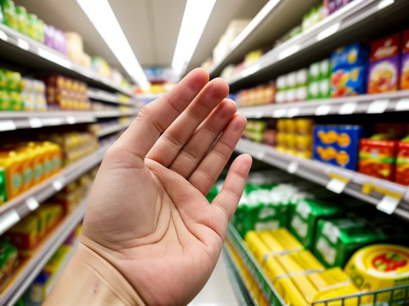 Une main saisissant un produit premier prix sur l'étagère du bas d'un supermarché.